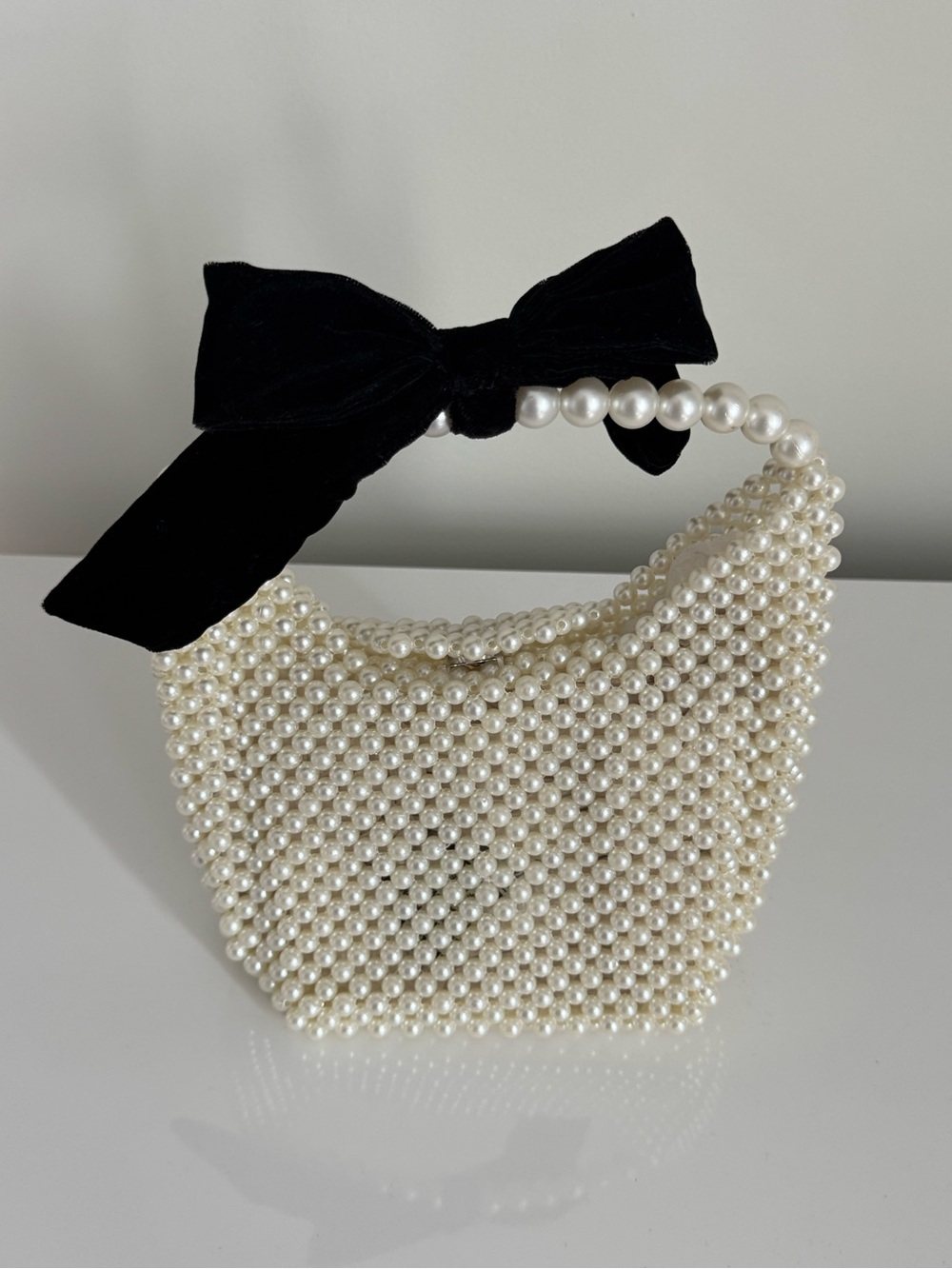 Pearl-Embellished Mini Bag with Black Velvet Bow